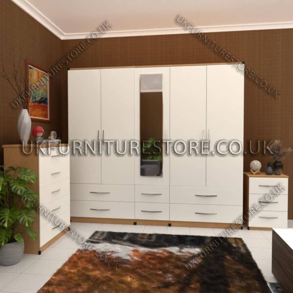 Front White Side Beech 5 Door Wardrobe With Mirror and Bottom Drawer