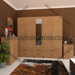 Beech 5 Door Wardrobe With Mirror and Bottom Drawer