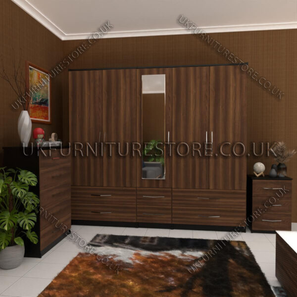 Front Walnut Side Black 5 Door With 1 Mirror Wardrobe Set With Chest Drawer and Bedside