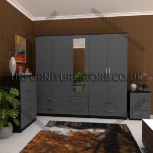 Front Silver Side Black 5 Door Wardrobe With Mirror and Bottom Drawer