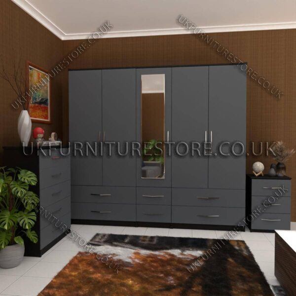 Front Silver Side Black 5 Door Wardrobe With Mirror and Bottom Drawer