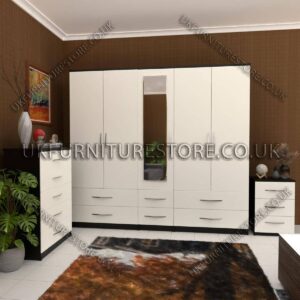 Front White Side Black 5 Door Wardrobe With Mirror and Bottom Drawer