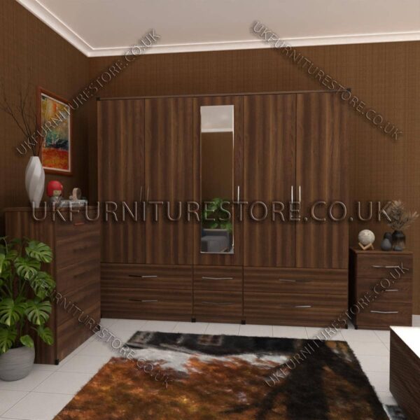 Walnut 5 Door Wardrobe With Mirror and Bottom Drawer