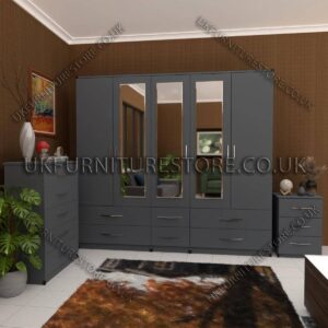 Silver 5 Door With 3 Mirrors Wardrobe Set With Chest Drawer and Bedside
