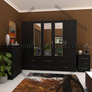 Black 5 Door With 3 Mirrors Wardrobe Set With Chest Drawer and Bedside