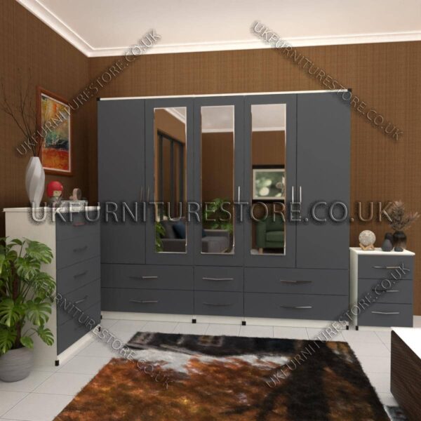 Front Silver Side White 5 Door With 3 Mirrors Wardrobe Set With Chest Drawer and Bedside