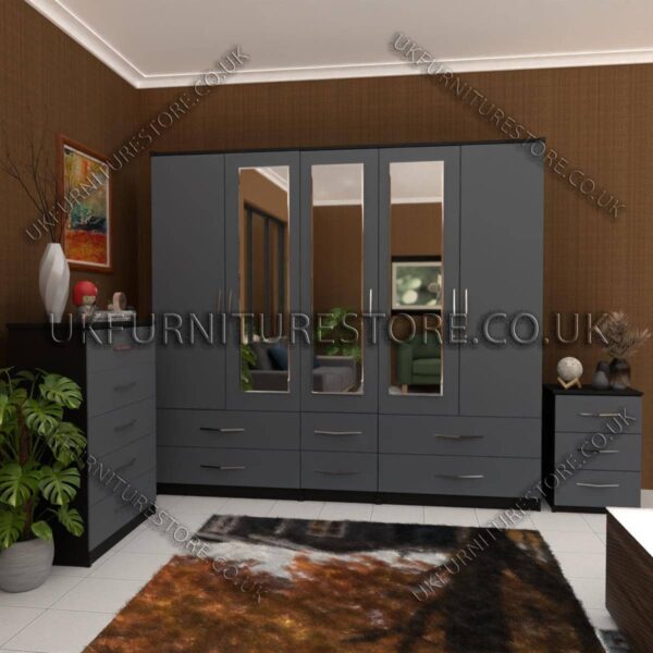 Front Silver Side Black 5 Door With 3 Mirrors Wardrobe Set With Chest Drawer and Bedside