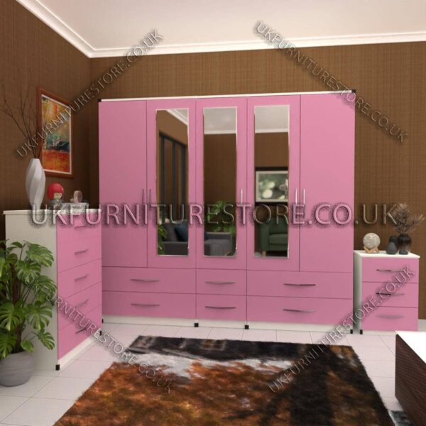 Front Pink Side White 5 Door With 3 Mirrors Wardrobe Set With Chest Drawer and Bedside
