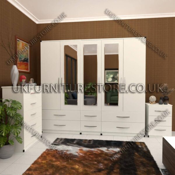 White 5 Door With 3 Mirrors Wardrobe Set With Chest Drawer and Bedside