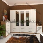 Front White Side Beech 5 Door With 3 Mirrors Wardrobe Set With Chest Drawer and Bedside