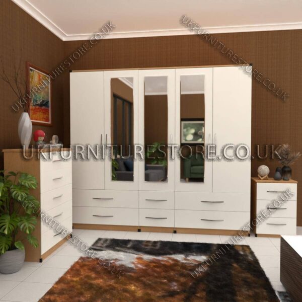 Front White Side Beech 5 Door With 3 Mirrors Wardrobe Set With Chest Drawer and Bedside