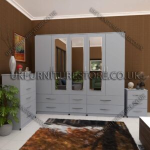 Silver 5 Door With 3 Mirrors Wardrobe Set With Chest Drawer and Bedside