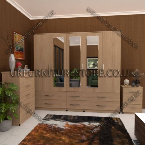 Oak 5 Door With 3 Mirrors Wardrobe Set With Chest Drawer and Bedside