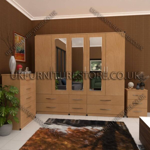 Beech 5 Door With 3 Mirrors Wardrobe Set With Chest Drawer and Bedside