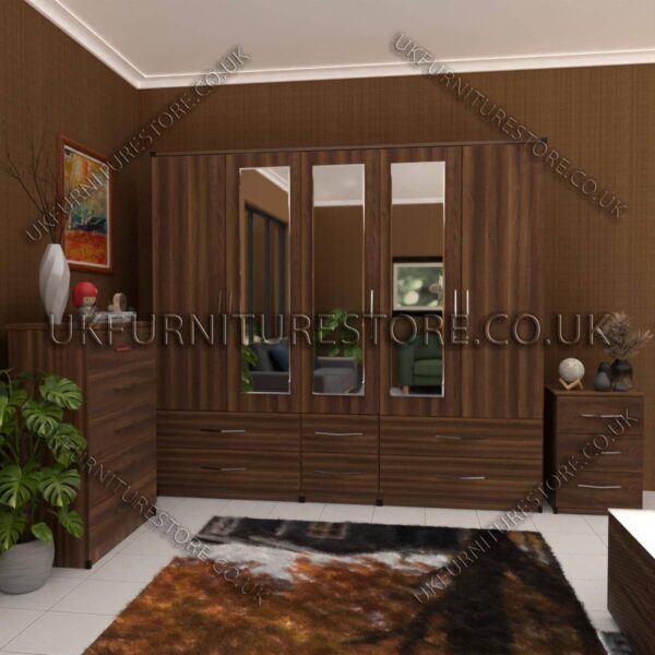 Walnut 5 Door With 3 Mirrors Wardrobe Set With Chest Drawer and Bedside