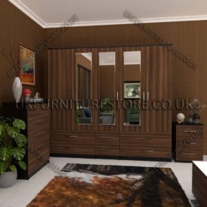 Front Walnut Side Black 5 Door With 3 Mirrors Wardrobe Set With Chest Drawer and Bedside