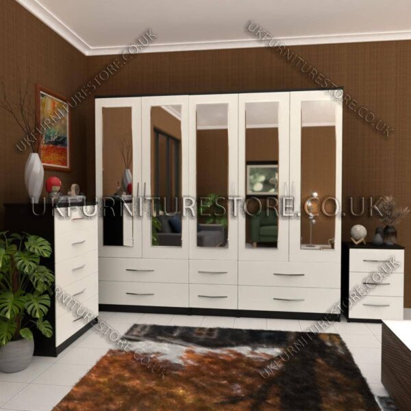 Front White Side Black 5 Door Mirrored Wardrobe With 6 Bottom Drawer