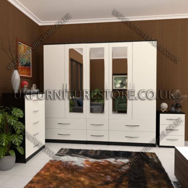 Front White Side Black 5 Door With 3 Mirrors Wardrobe Set With Chest Drawer and Bedside