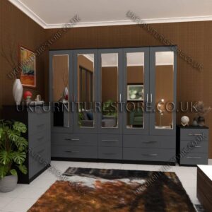 Front Gray Side Black 5 Door Mirrored Wardrobe and 6 Bottom Drawer