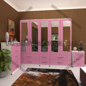 Front Pink Side White 5 Door Mirrored Wardrobe With 6 Bottom Drawer