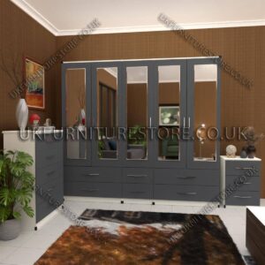 Front Gray Side White 5 Door Wardrobe With 5 Mirror and 6 Bottom Drawer