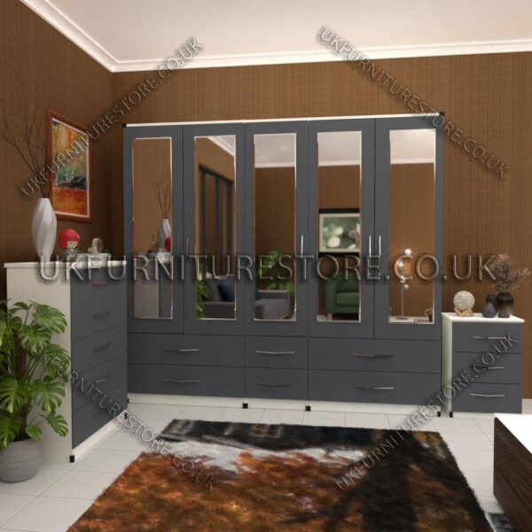 Front Gray Side White 5 Door Wardrobe With 5 Mirror and 6 Bottom Drawer
