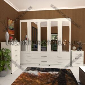 White 5 Door Wardrobe With 5 Mirror and 6 Bottom Drawer