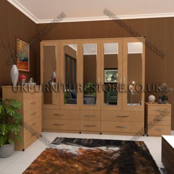 Beech 5 Door Wardrobe With 5 Mirrors and 6 Bottom Drawer
