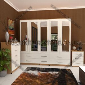 Front White Side Beech 5 Door Wardrobe With 5 Mirrors and 6 Bottom Drawer