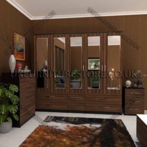 Front Walnut Side Black 5 Door Wardrobe With 5 Mirrors and 6 Bottom Drawer