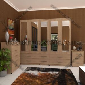 Oak 5 Door Wardrobe With 5 Mirrors and 6 Bottom Drawer