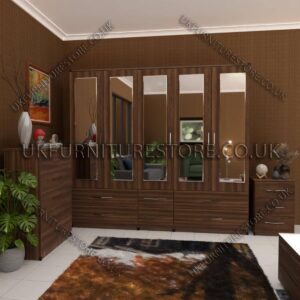 Walnut 5 Door Wardrobe With 5 Mirror and 6 Bottom Drawer