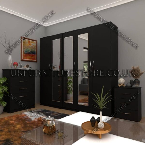 Black 5 Door Wardrobe Set With 3 Mirrors