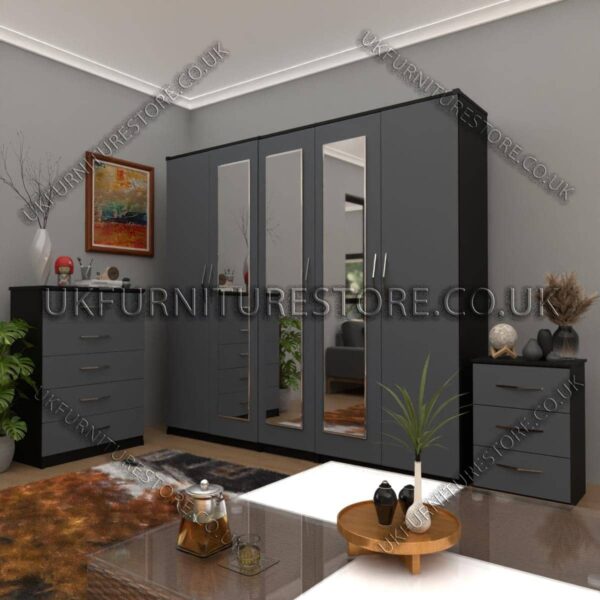 Front Gray Side Black 5 Door Wardrobe Set With 3 Mirrors