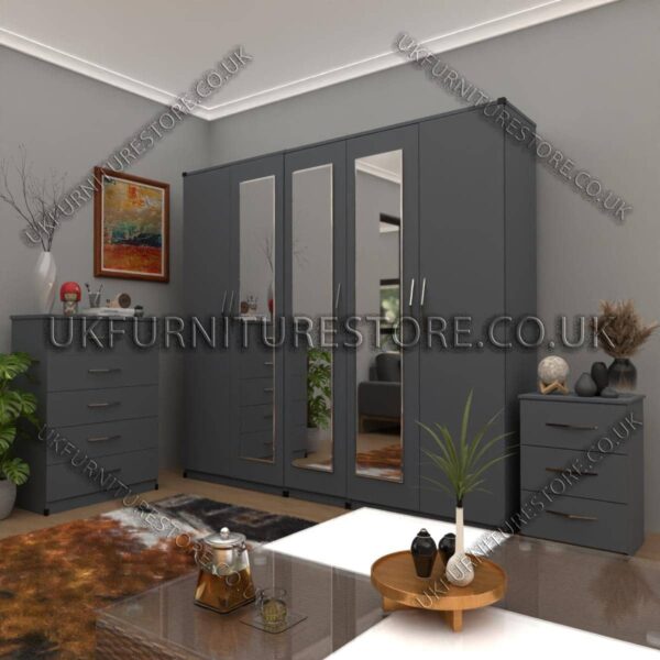 Gray 5 Door Wardrobe Set With 3 Mirrors