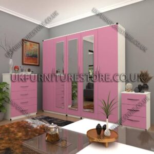Front Pink Side White 5 Door Wardrobe Set With 3 Mirrors