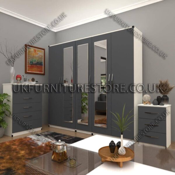 Front Gray Side White 5 Door Wardrobe Set With 3 Mirrors