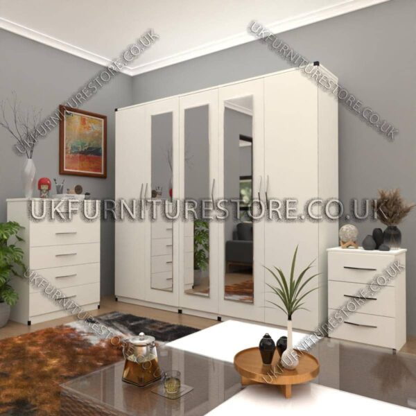 White 5 Door Wardrobe Set With 3 Mirrors