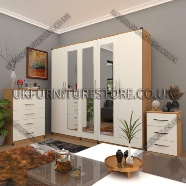 Front White Side Beech 5 Door Wardrobe Set With 3 Mirrors