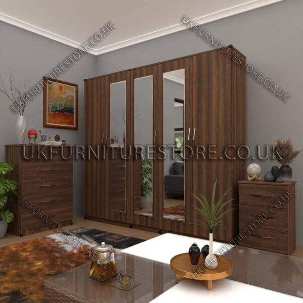 Walnut 5 Door Wardrobe Set With 3 Mirrors