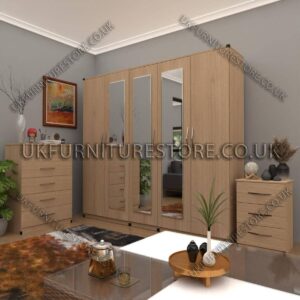 Oak 5 Door Wardrobe Set With 3 Mirrors
