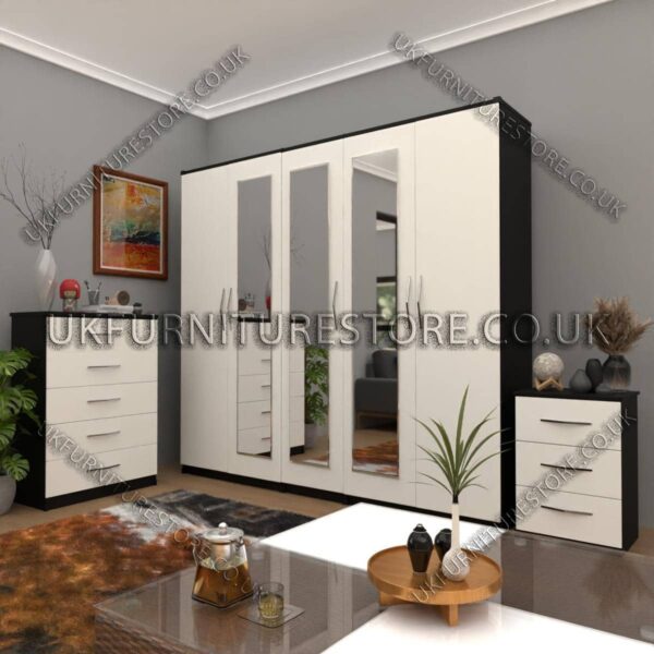 Front White Side Black 5 Door Wardrobe Set With 3 Mirrors