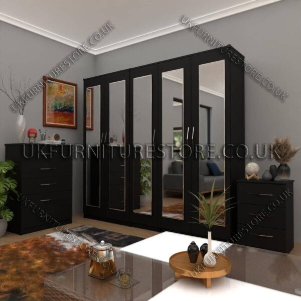 Black 5 Door Wardrobe Set With 5 Mirrors