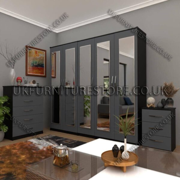 Front Gray Side Black 5 Door Wardrobe Set With 5 Mirrors