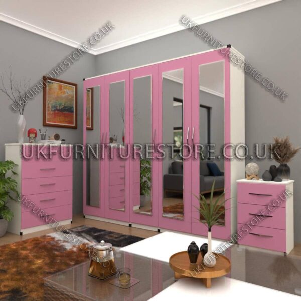 Front Pink Side White 5 Door Wardrobe Set With 5 Mirrors
