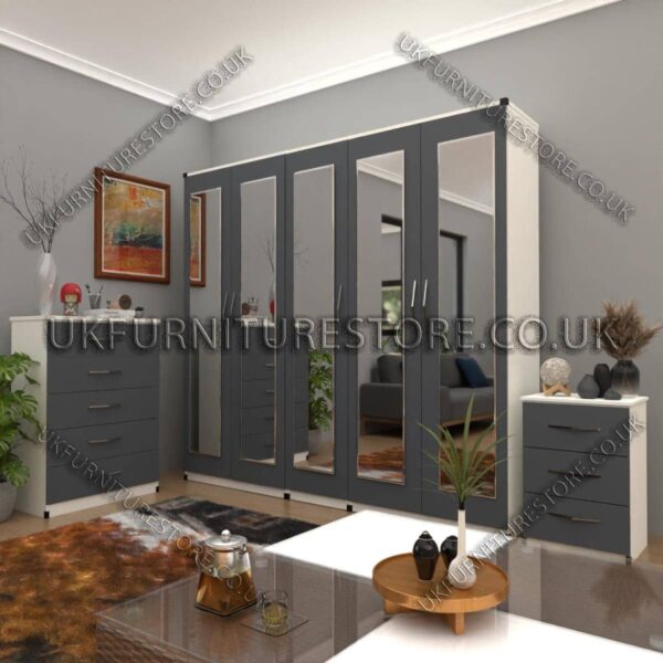 Front Gray Side White 5 Door Wardrobe Set With 5 Mirrors