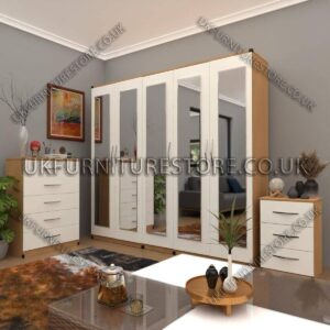 Front White Side Beech 5 Door Wardrobe Set With 5 Mirrors
