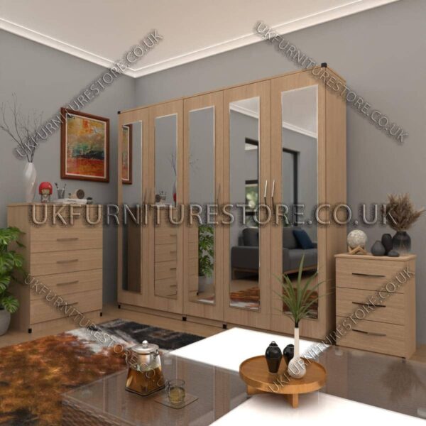 Oak 5 Door Wardrobe Set With 5 Mirrors