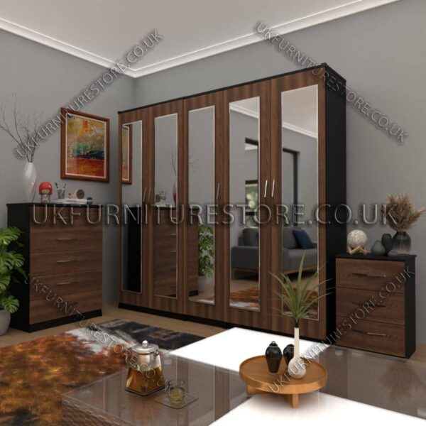 Front Walnut Side Black 5 Door Wardrobe Set With 5 Mirrors