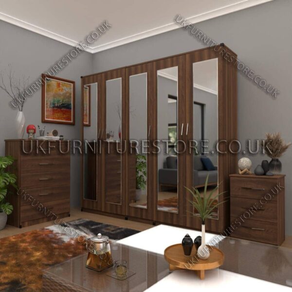Walnut 5 Door Wardrobe Set With 5 Mirrors